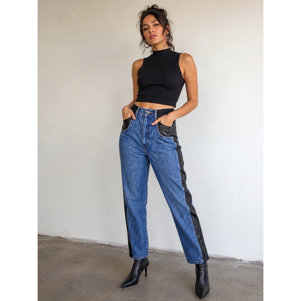 Vintage Cache Womens 10 Denim Leather Jeans High Waist Blue Black 90s Y2K